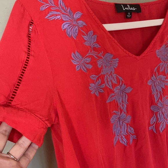 Red mini dress with floral, lavender embroidery. - Picture 3 of 3